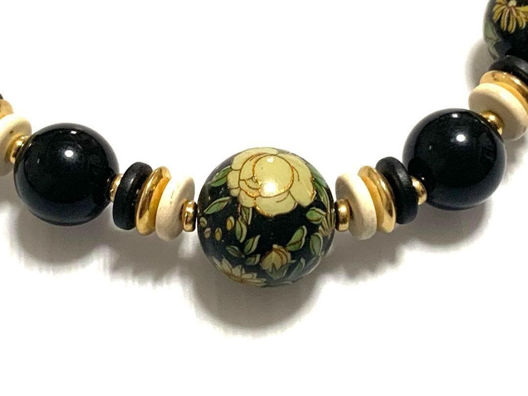 Vintage Cloisonné Enamel Floral Necklace Black Beads 45cm