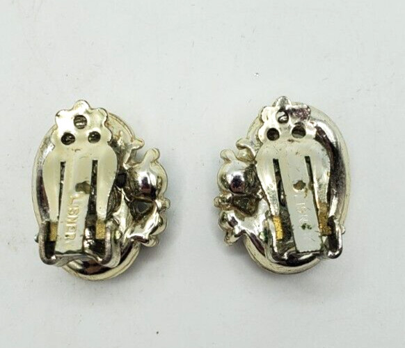 Stunning Lisner Dark Green and Blue Aurora Borealis Gold Tone Clip Earrings