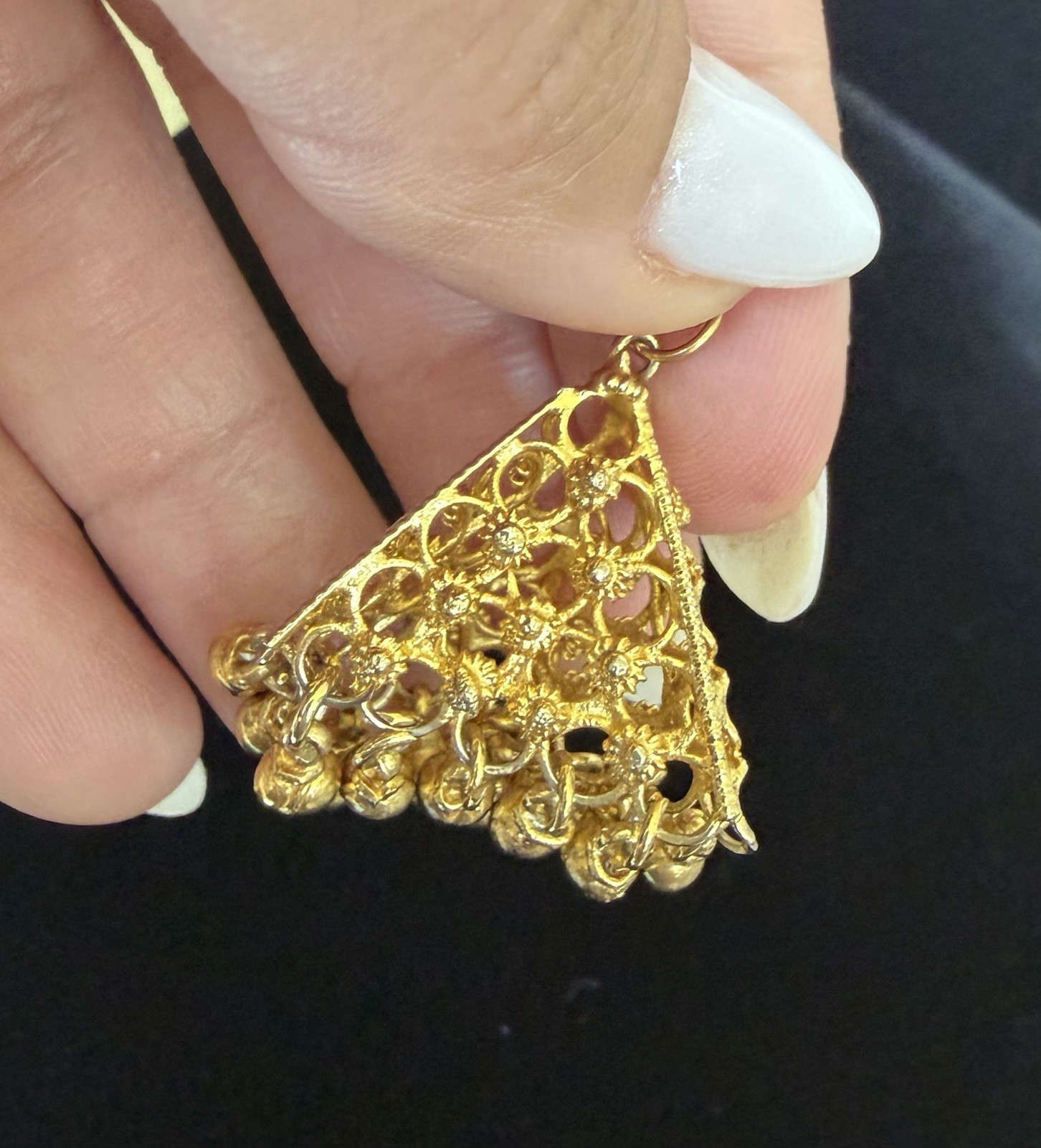 Gold Tone Filigree Dangle Pendant Boho Ethnic Tribal Charm w/ Bead Fringe