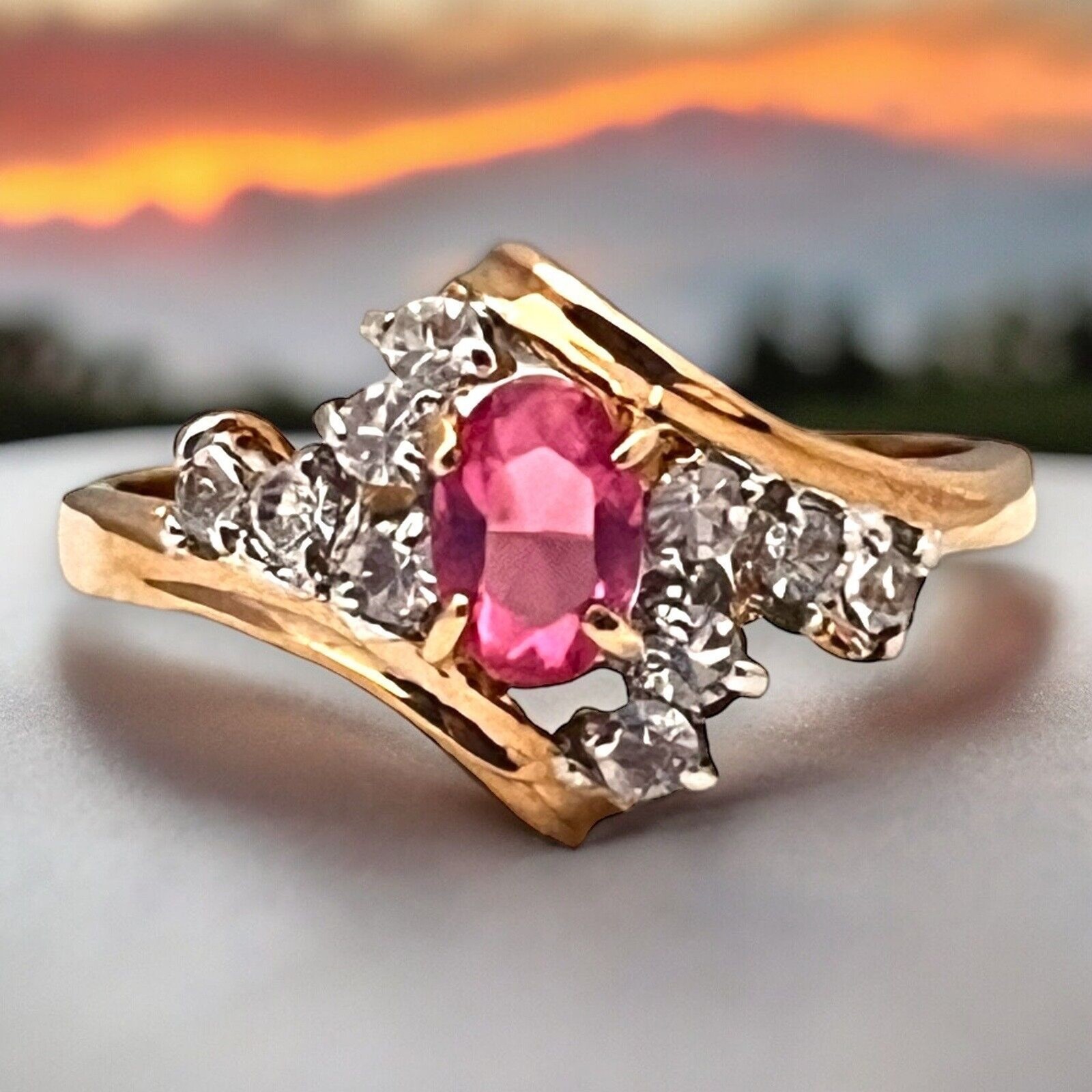 Vintage 1970s Ring Size 7 Pink Crystal CZ Cluster Prong Set Gold Plated – 14L