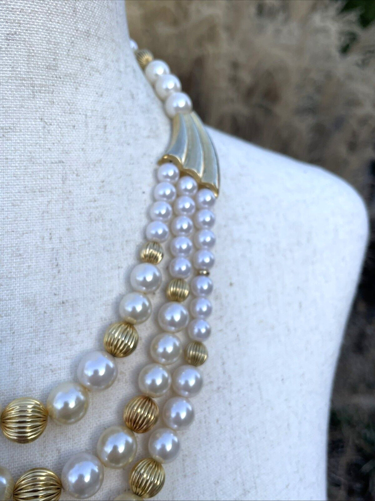 Vintage 1950’s Gold, White & Champagne Faux Pearls Bib Necklace