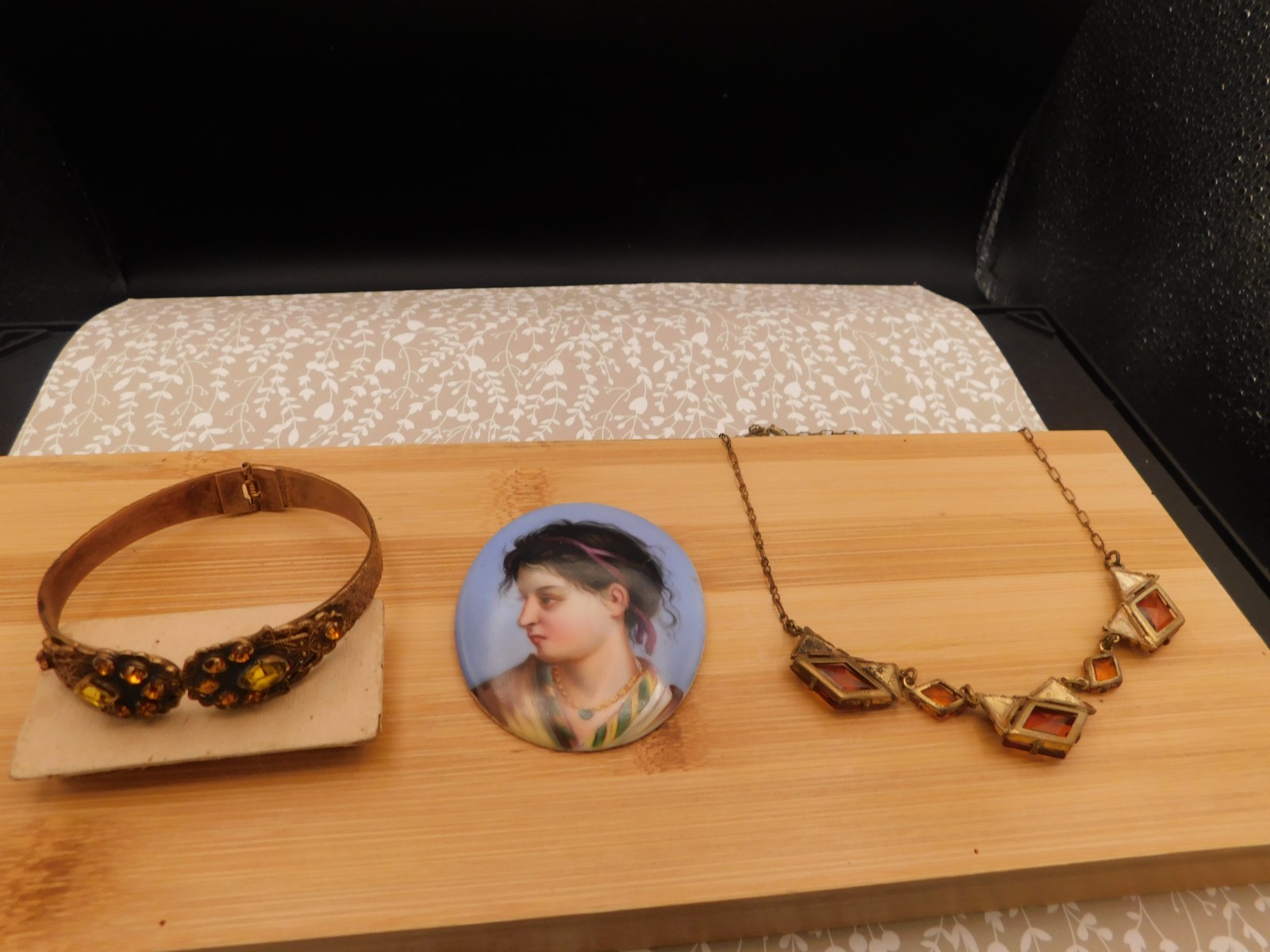 ART Deco jewelry lot Ornate bracelet Brass & glass topaz color necklace Portrait