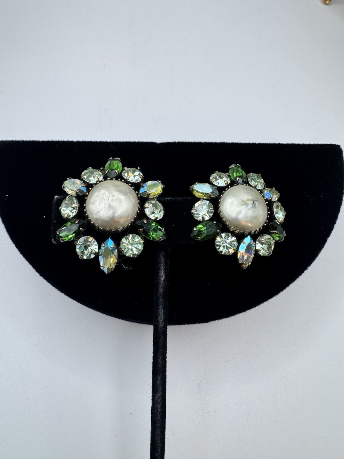Antique Vintage Blue Rhinestone Clip On Earrings And Gray Baroque Faux Pearl