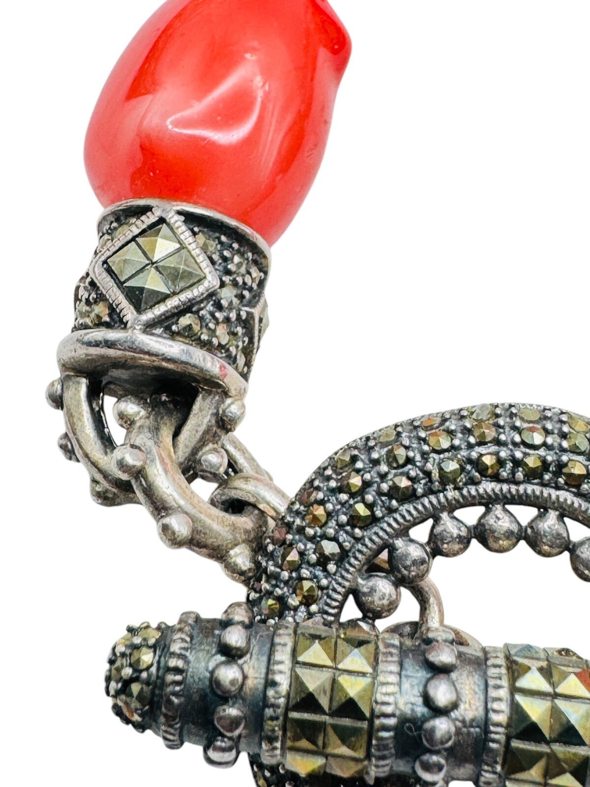Sterling Silver Red Stone Marcasite Necklace Large Toggle Clasp 18″