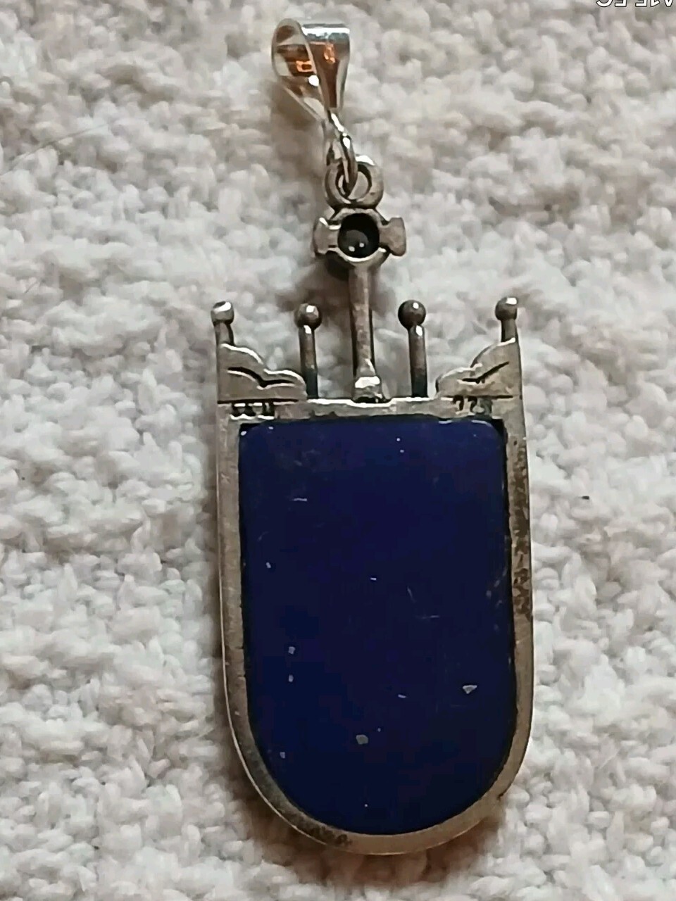VTG Pendant Kreitto Greece 925 Abstract Water Figural Blue Lapis MOP 2″ Necklace