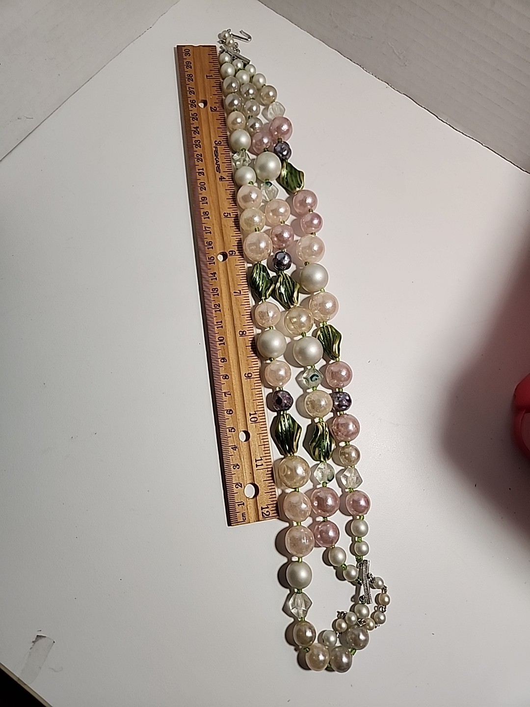 Vintage Pastel Multi Color Green Leaf Accent 3 Strand Large Beads Necklace
