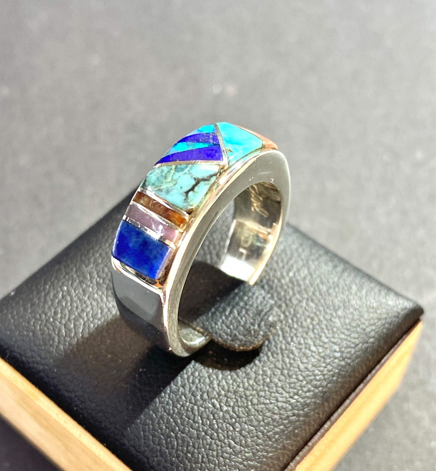 Vintage Sterling Navajo Earl Plummer Multi-Stone Channel Inlay Ring Size 7.5