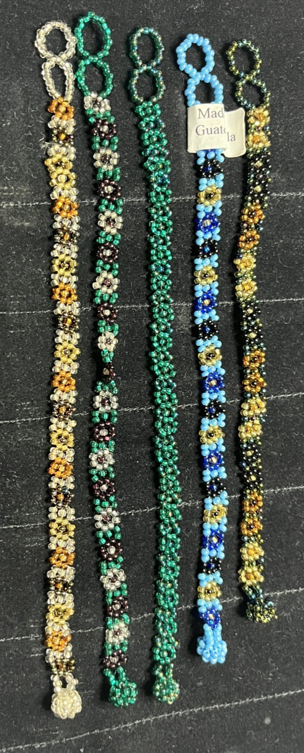 Lot of 5 Vintage Guatemalan Beaded Bracelets – Glass Flower Pattern – One w/Tag