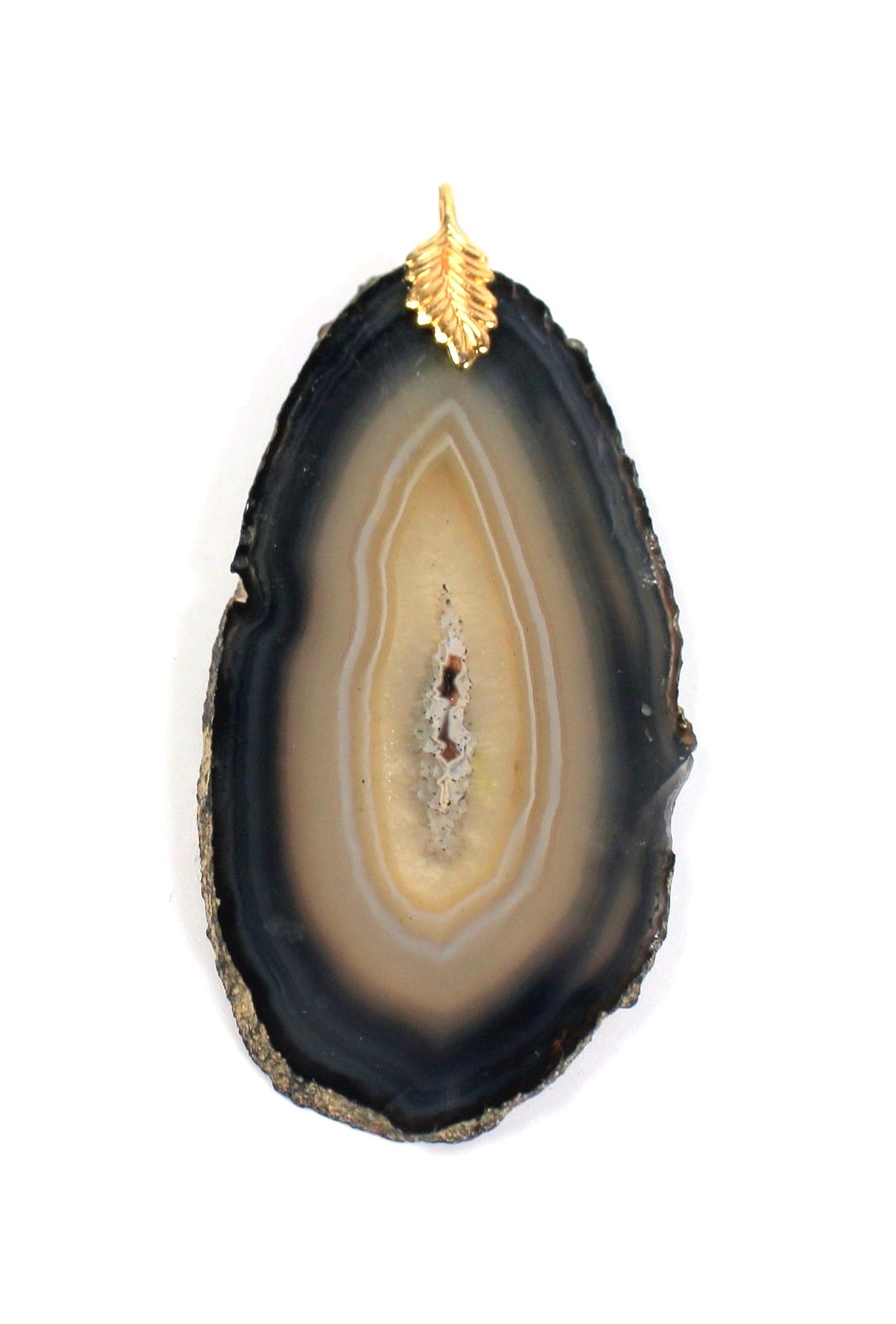 Vintage Sliced Agate Geode Gold Plated Pendant Brown Tans