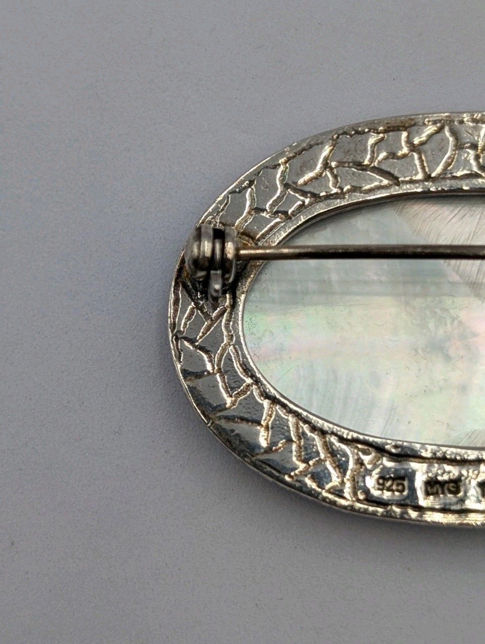 MYG Vintage Sterling Silver Oval Abalone Shell & Marcasite Stone 925 Pin Brooch