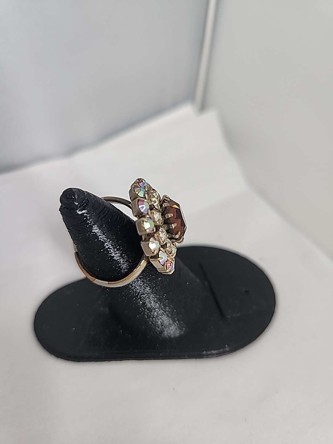 Vintage Topaz Clear Aurora Borelis Rhinestone Cocktail Adjustable Ring