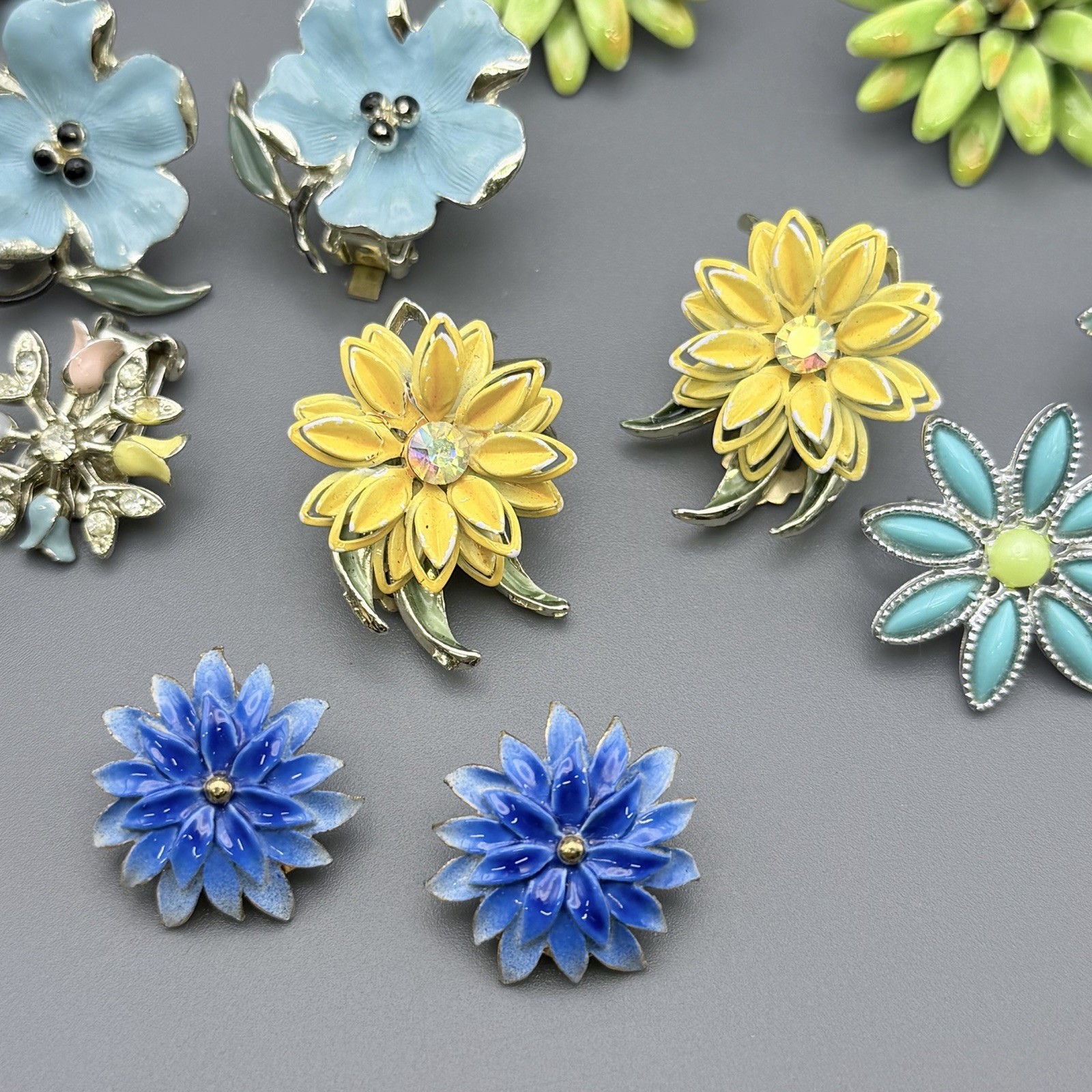 Vintage Flower Clip On Earrings Floral Lot Of 8 Orchid Pansies Tulip Multi Color
