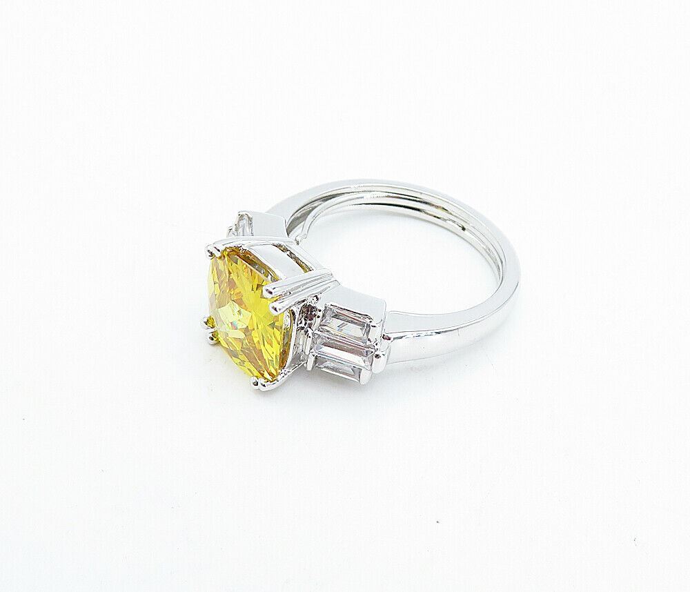 925 Silver Citrine & Cubic Zirconia Shiny Solitaire Accent Ring Sz 7 RG3588