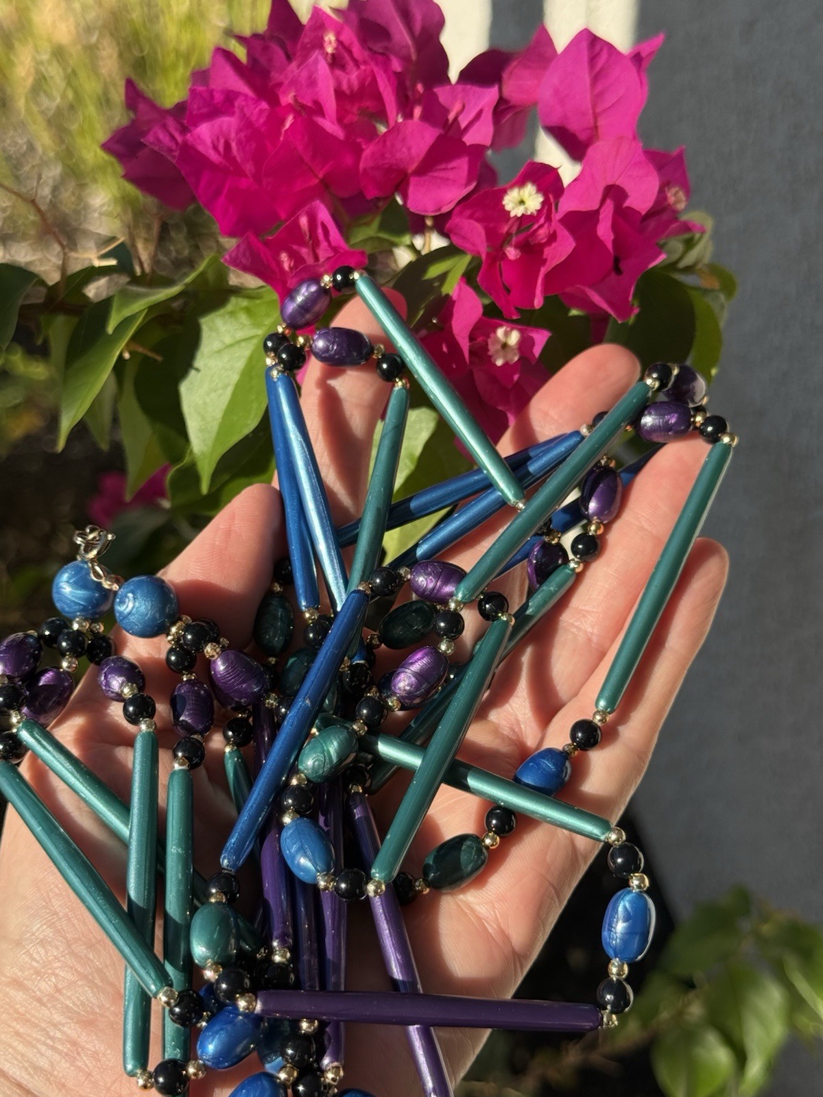 Vintage 3 Strand Purple & Teal Blue Marbelized Peacock Color Necklace 34″L