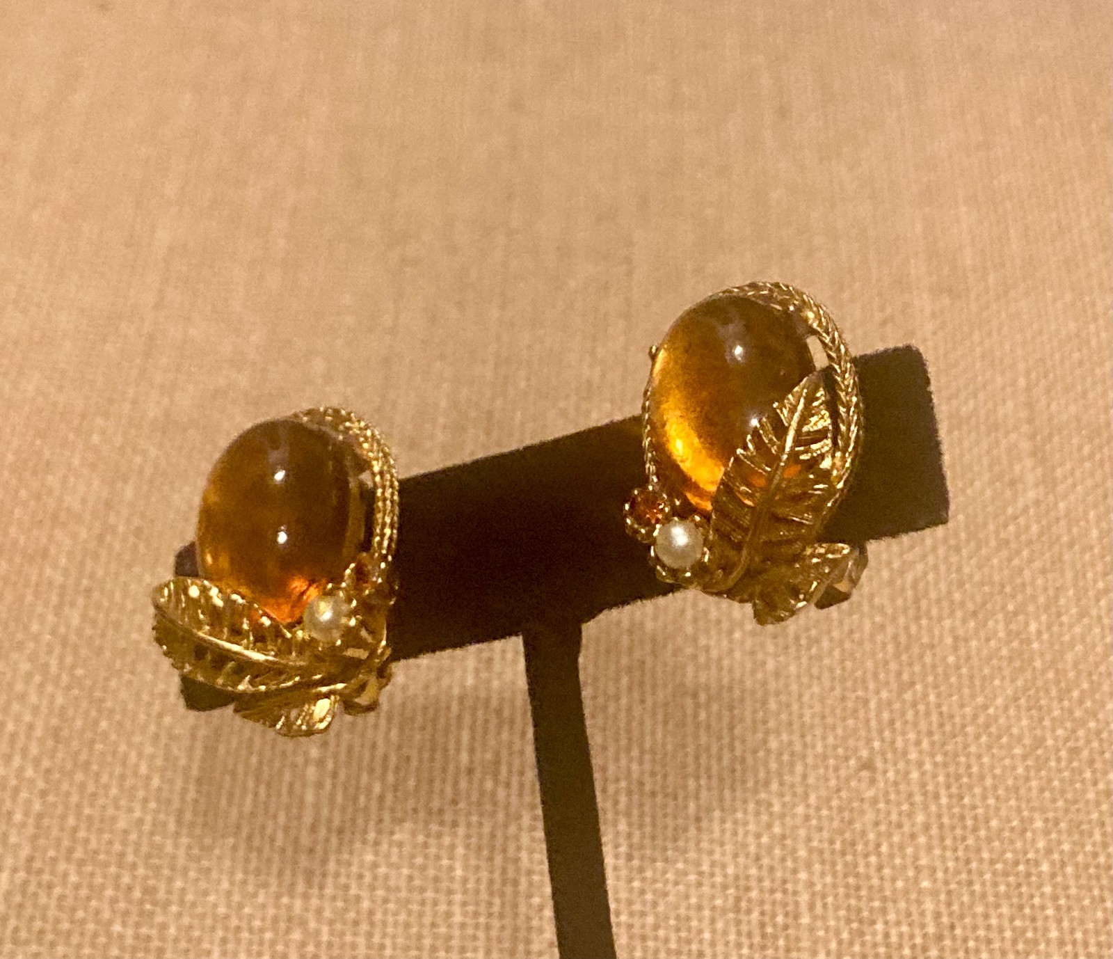 Vintage Faux Amber Glass Cabochon Earrings Gold Tone Leaf Faux Pearl Accent Clip