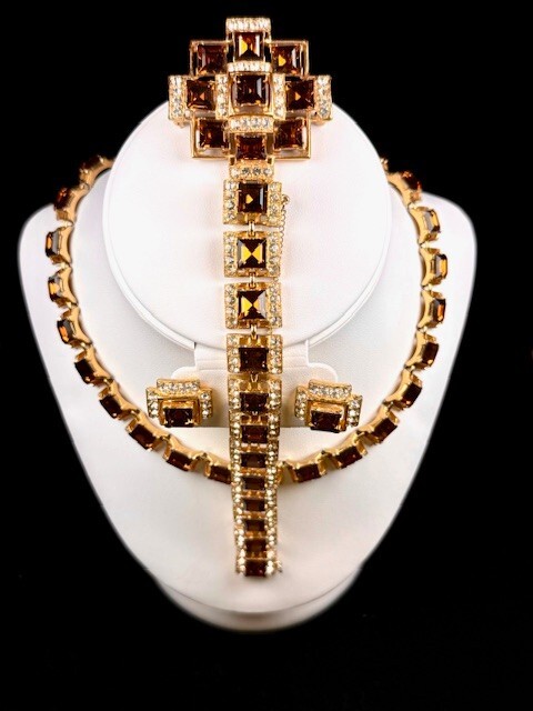 Bogoff “Tawny Topaz” Swarovski Emerald Cut Gold Plate Parure