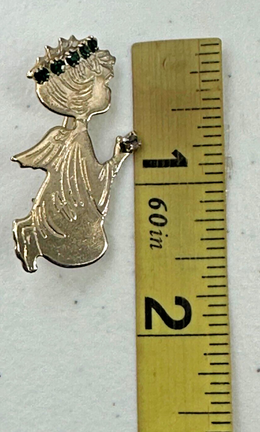 Praying Angel Etched Silver Tone May Green Birthstone Rhinestone Halo Brooch Pin