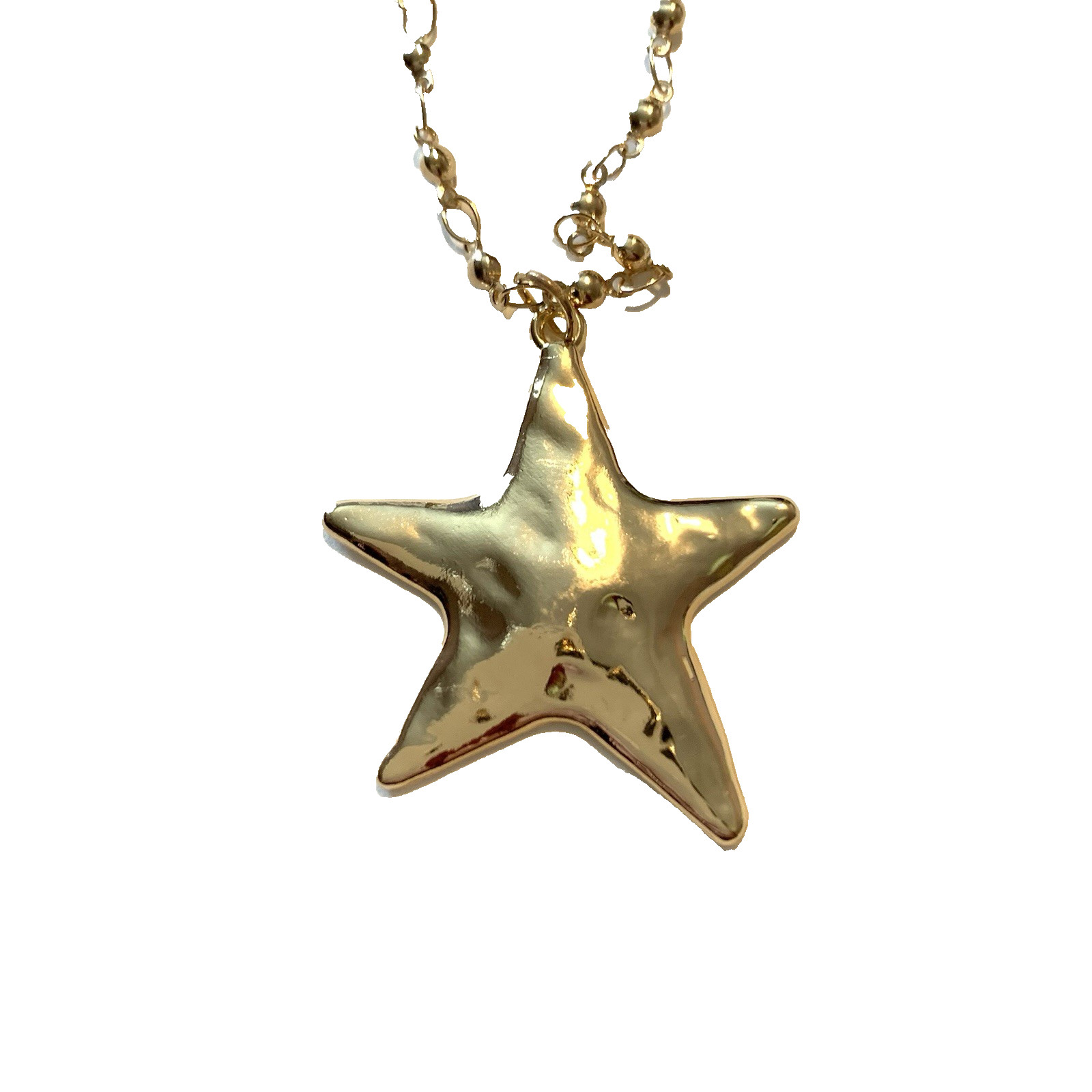 Patriotic Abstract Gold Tone Star Necklace Pendant Hammered Bead Station Chain