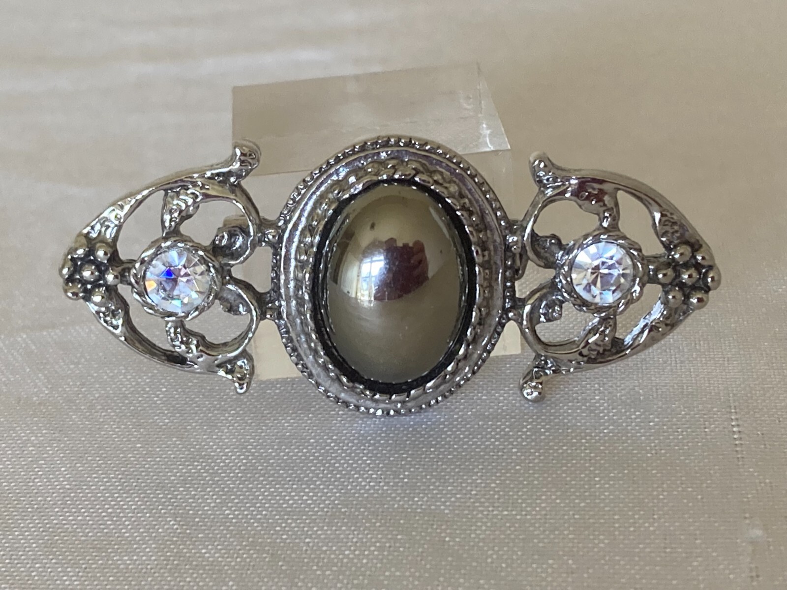 Vintage Faux Gray Pearl and Rhinestone Accented Silver Tone Brooch