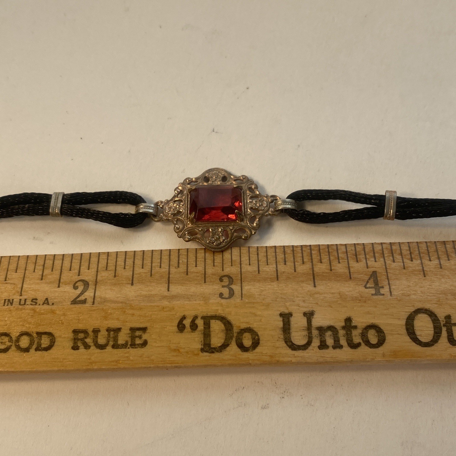 Vintage Bracelet Black Cord W/Gold Tone & Red Stone Small
