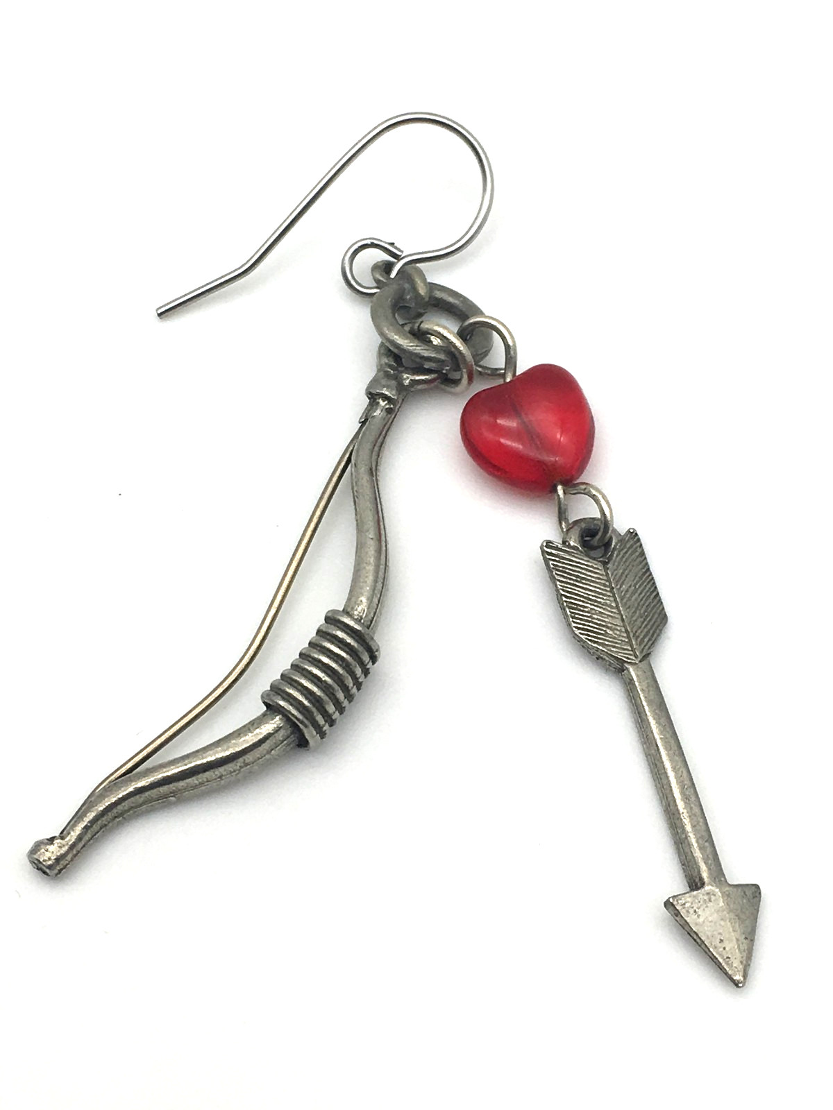 CLIFT Signed Pewter Bow & Arrow Red Lucite Heart Dangling Fish Hook Earrings
