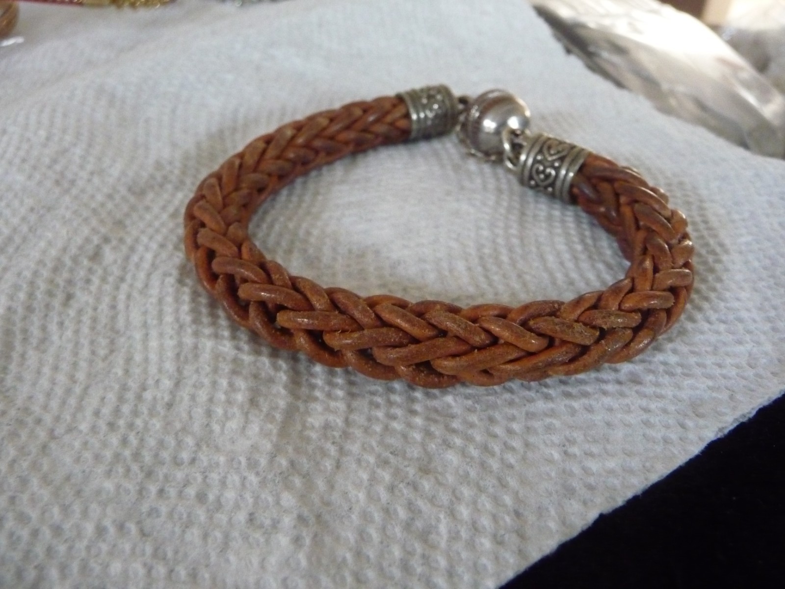 BEIGE LEATHER BRAIDED 7” L X 1/2” W MAGNETIC CLASP BRACELET #6/16