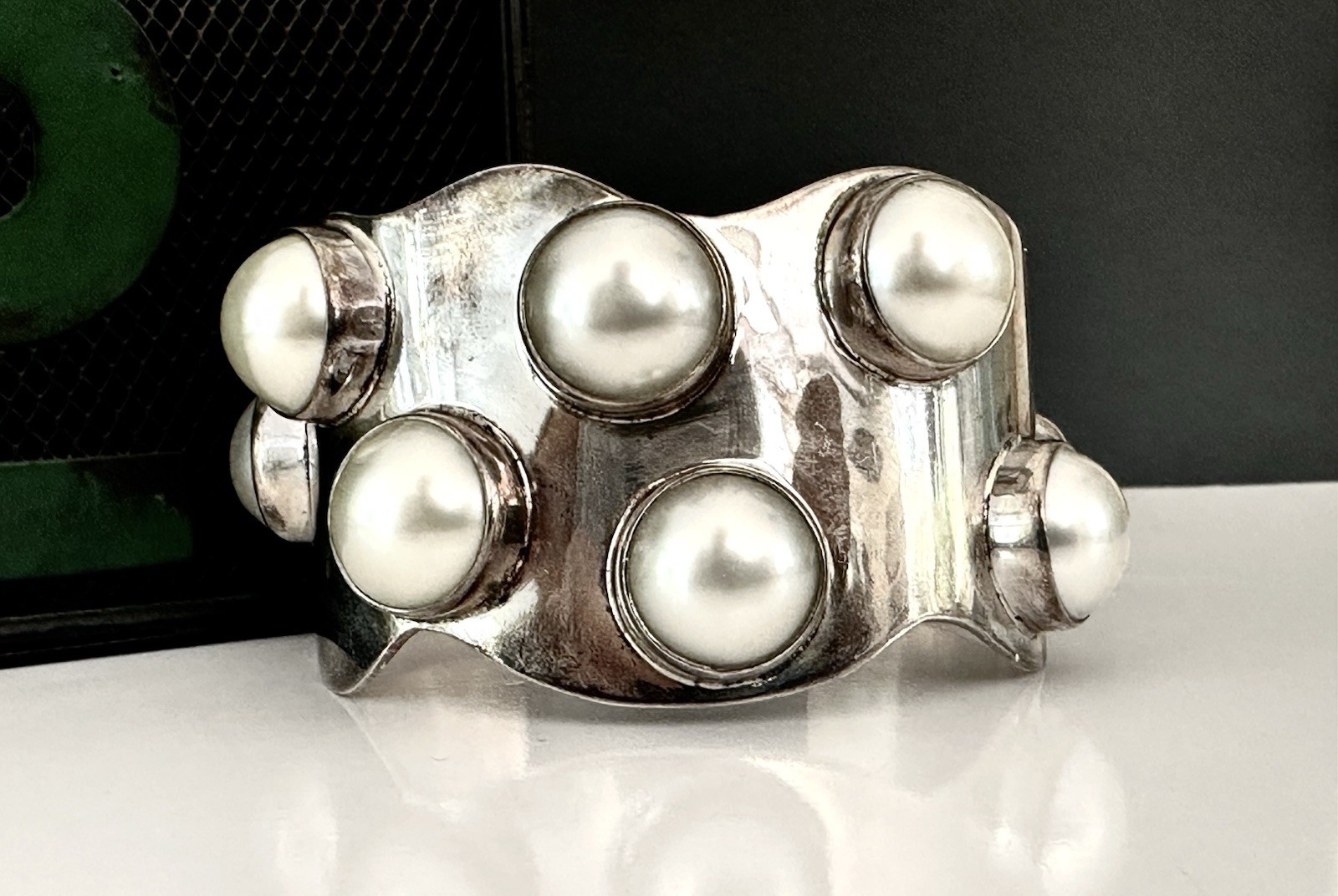 Mexico Southwest Sterling Silver Bracelet Pearl 925 Vintage Signed Modernist 77g