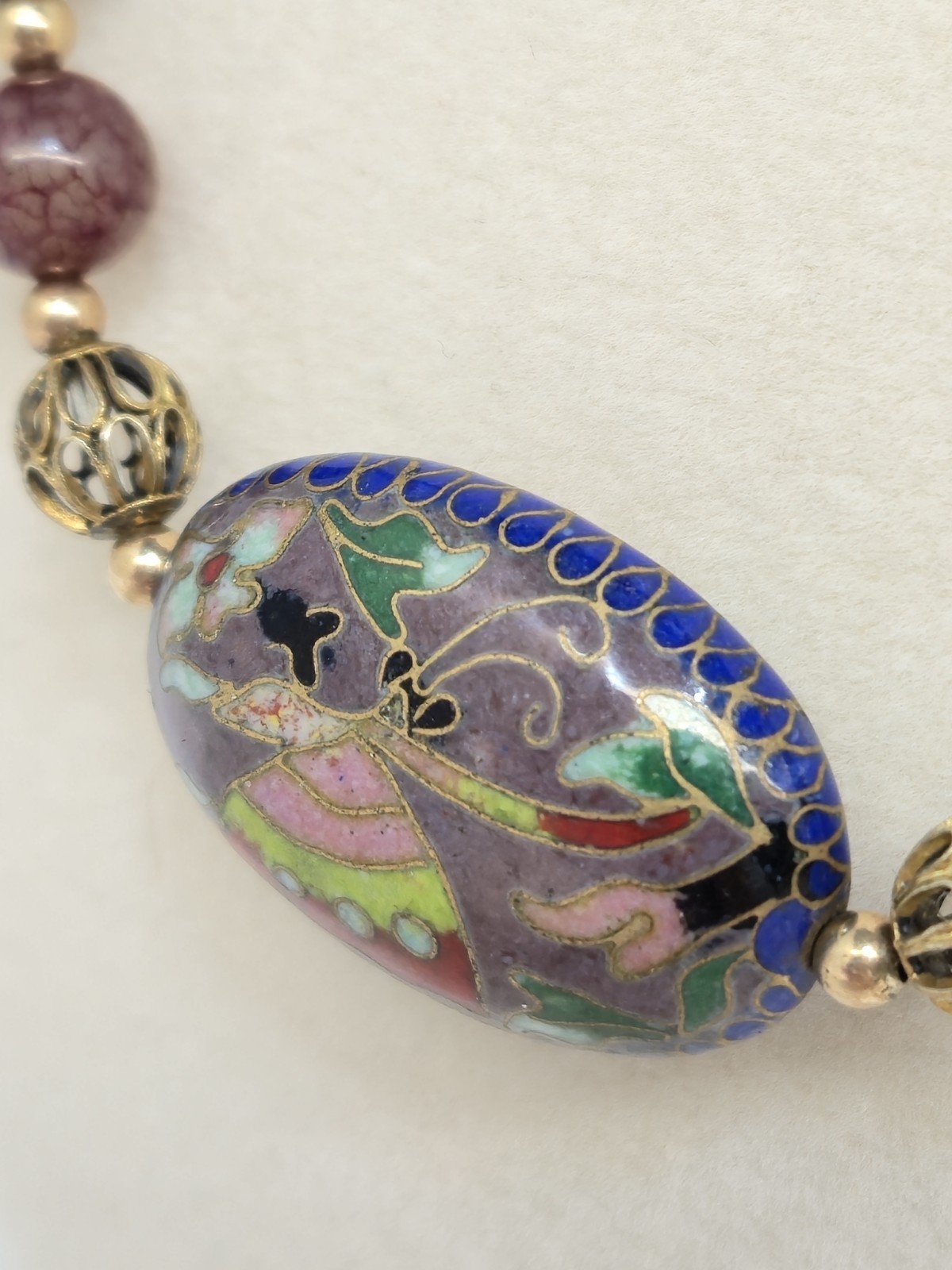 Dragon Vein Agate Bead W/ Cloisonne Enamel Pendant Necklace 18″ Sterling Clasp