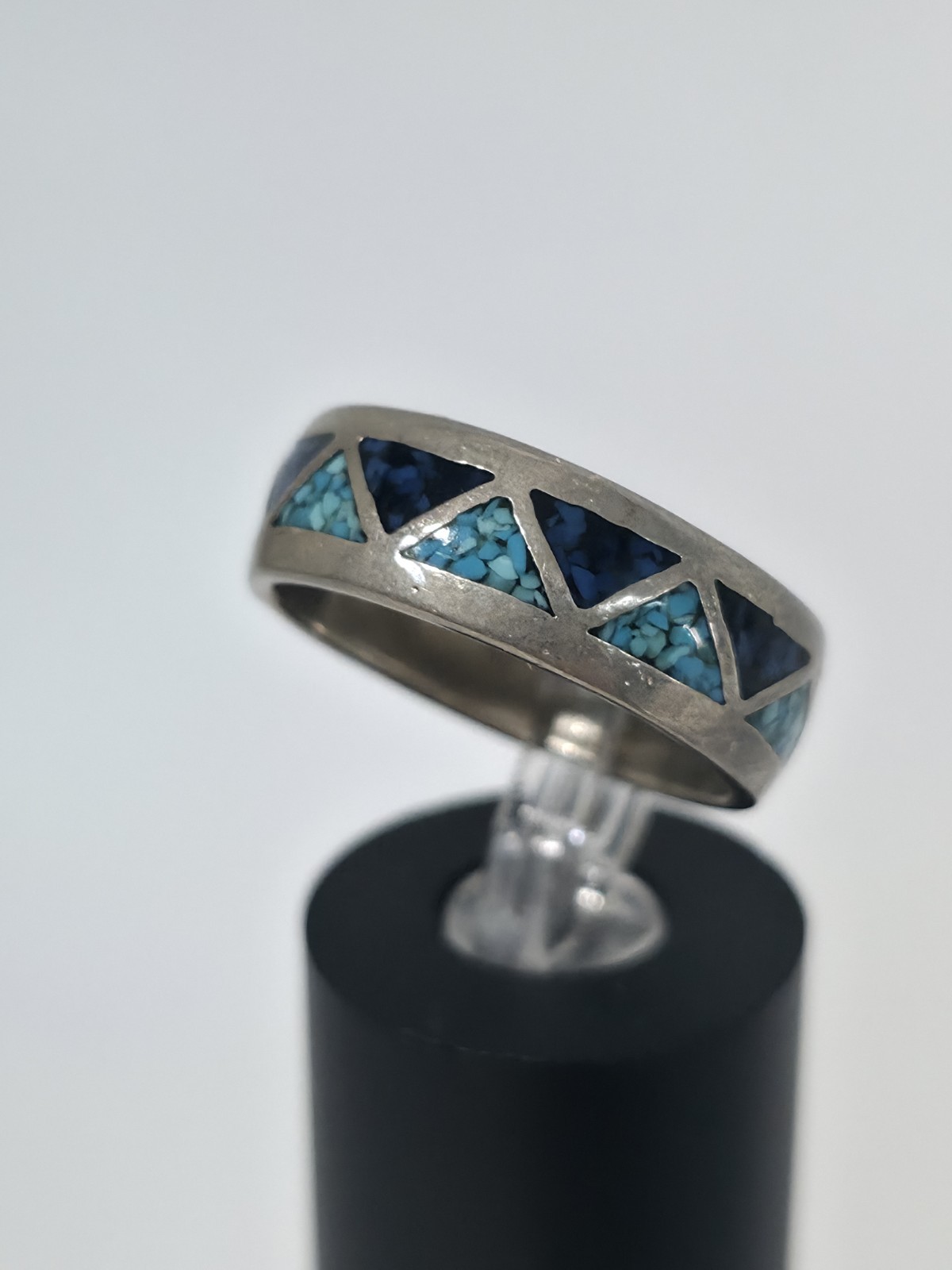 Vtg Silver-Tone Turquoise/Blue Chip Triangle Inlay Band Ring Sz 8 Southwestern