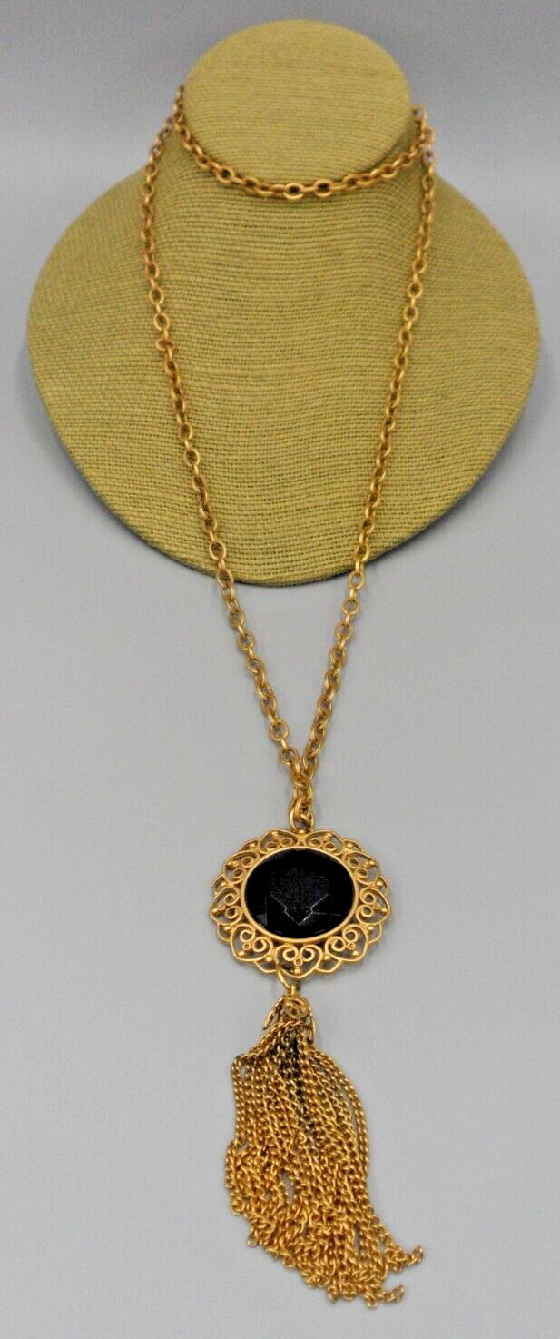 Victorian Revival Tassel Pendant Necklace Cannetile Filigree Hearts Long Chain