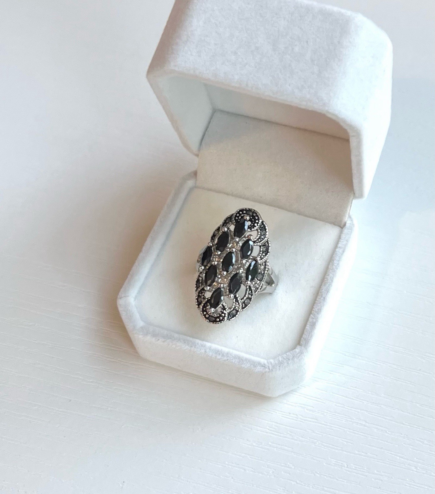 Vintage Silvertone Marcasite Black Stone Ring Size 9 With Matching Earrings.