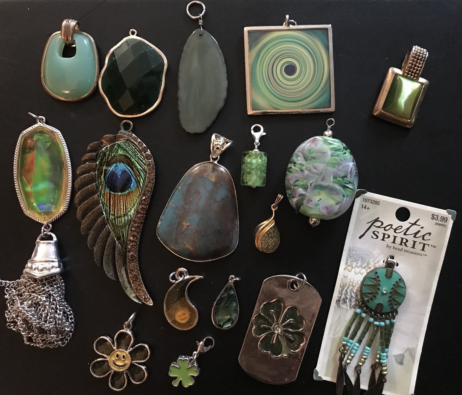 vintage green pendant mixed metal gem millefiori murano glass clover charm lot