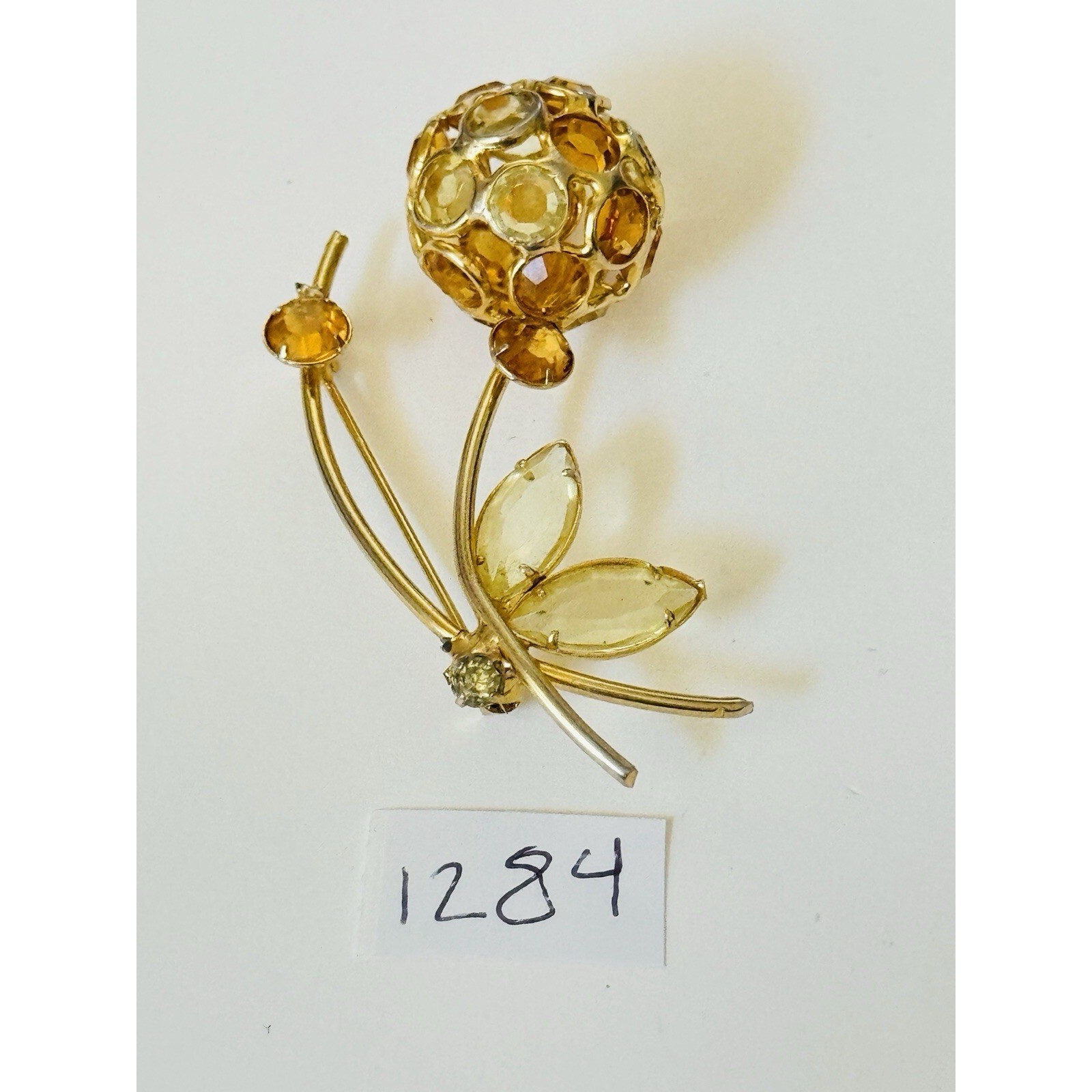 60s Yellow poppy Flower pin Brooch VTG Crystal Bezel Retro Mid Century jeweled