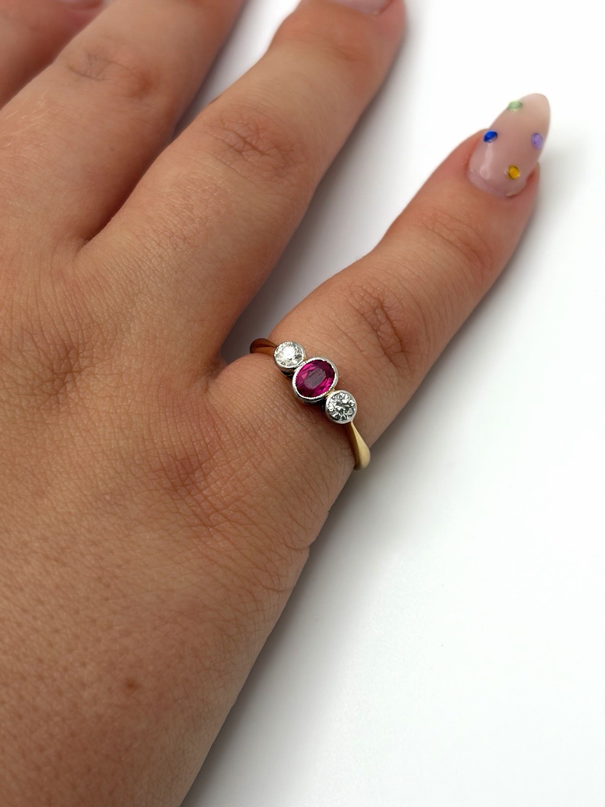 Antique Edwardian 18K Gold 3 Stone Ruby & Old European Cut Diamond Ring Size 6.5