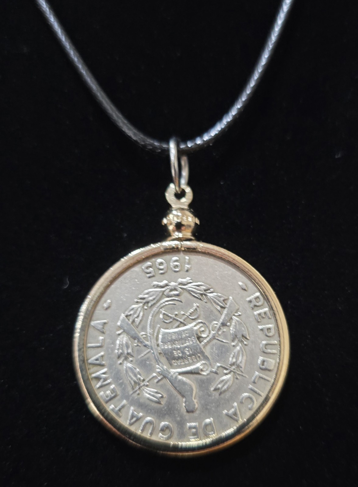 Coin Pendant Necklace Guatemala 1965 with Black Cord Vintage Jewelry Gift