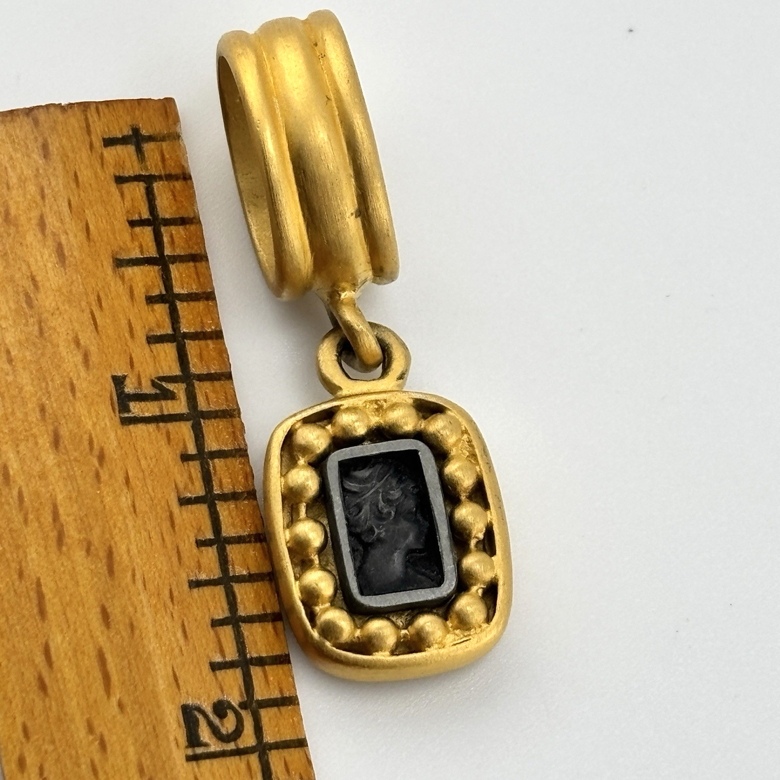Vintage Carlisle Black Cameo Pendant Brushed Gold Tone Large Bail Signed