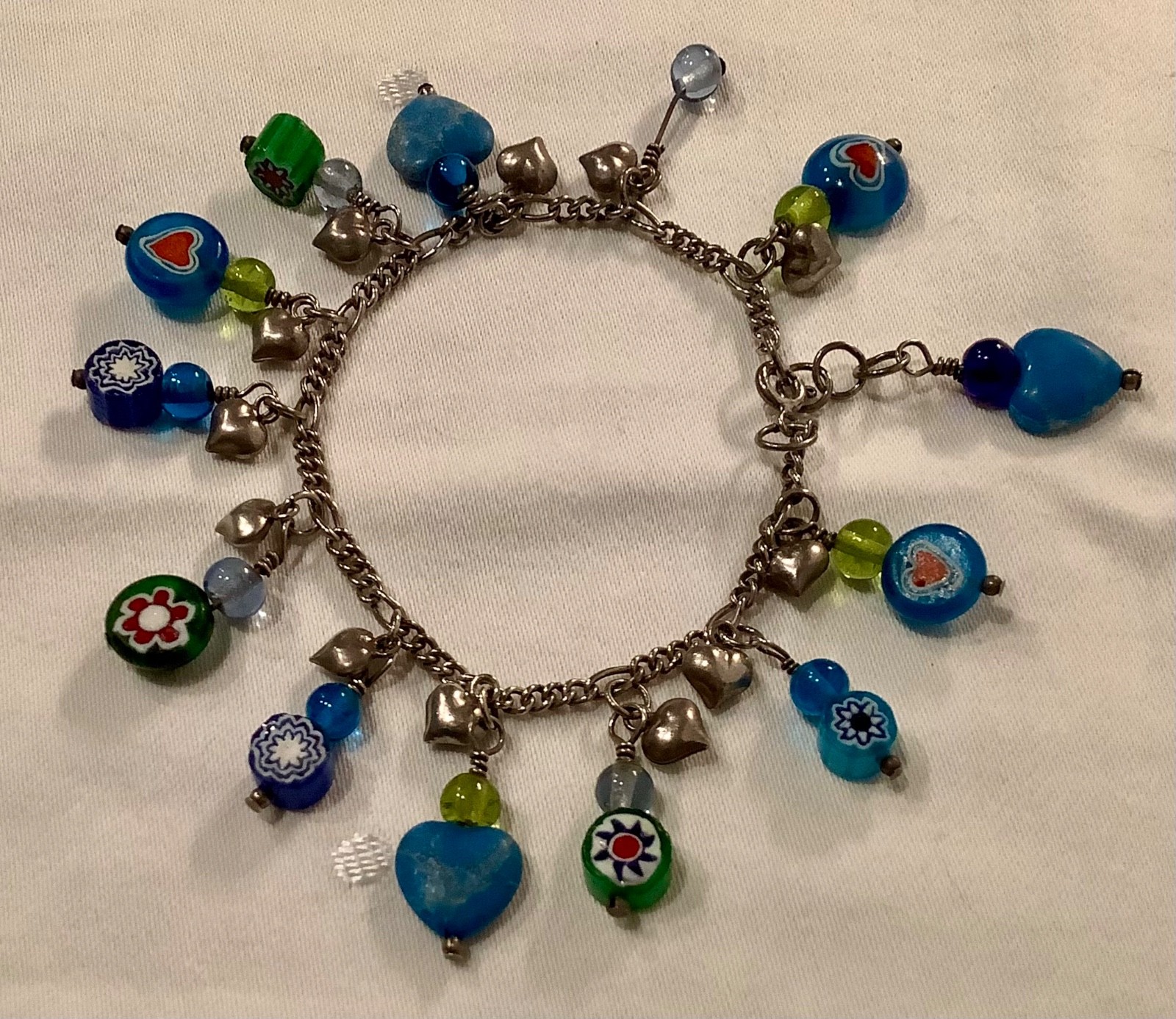 Vintage Sterling Charm Bracelet Puffed Hearts Millefiori Glass Hearts & Flowers