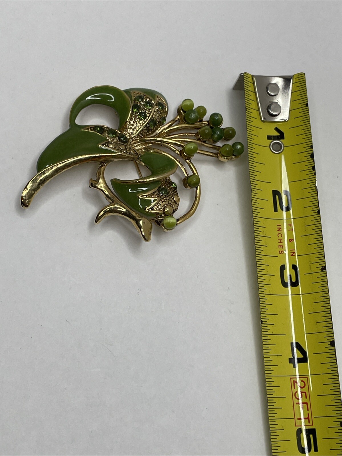 Vintage Green Enamel Floral Brooch Pin with Green Rhinestones and Cabochons RARE