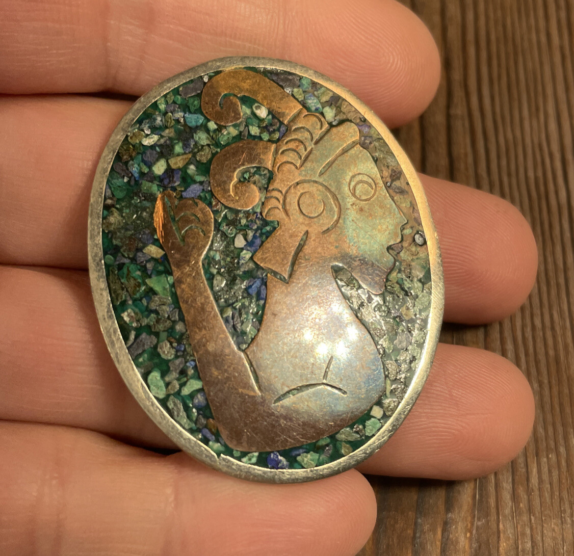 Alpaca Mexico Pendant Stone Chip Inlay Silver Brass Copper Tone Ram Warrior