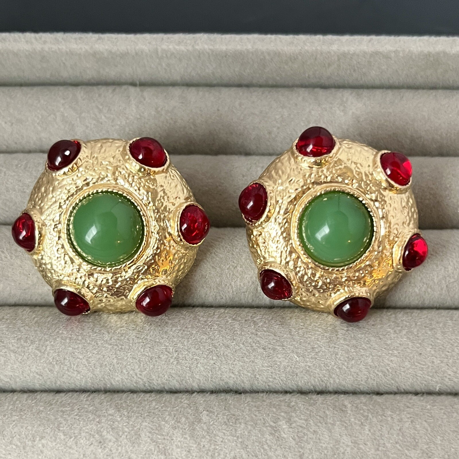 Etruscan Gripoix Glass Earrings Red Green Mogul Gold Dome Pierced Designer Style