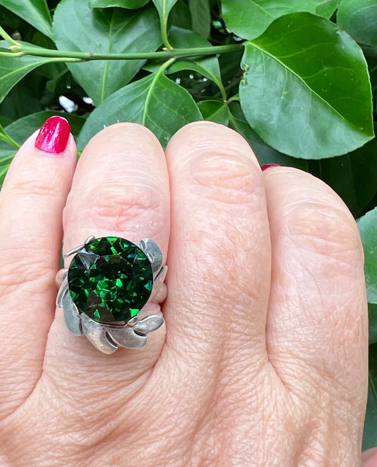 VINTAGE LARGE ROUND GREEN PASTE GLASS RHINESTONE RING 925 STERLING SLVER MEXICO