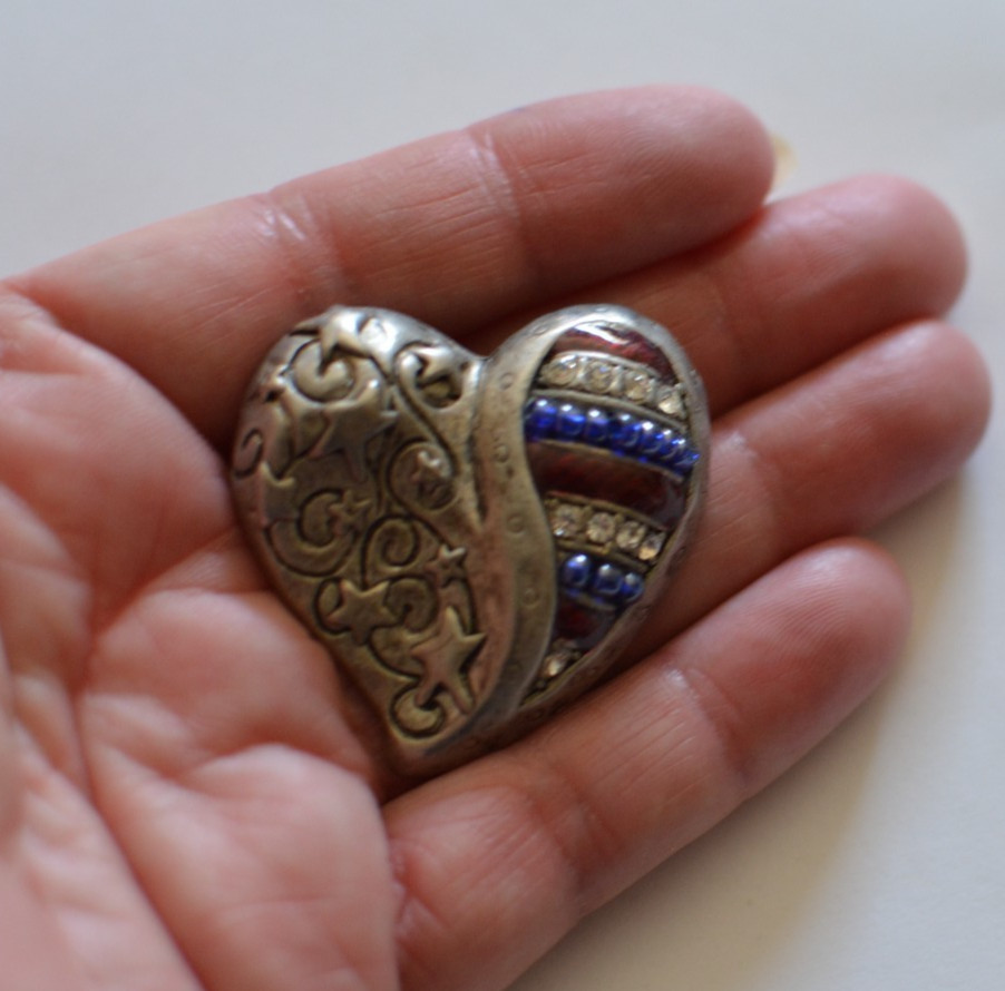 Signed Chico’s patriotic silver tone red white and blue heart brooch