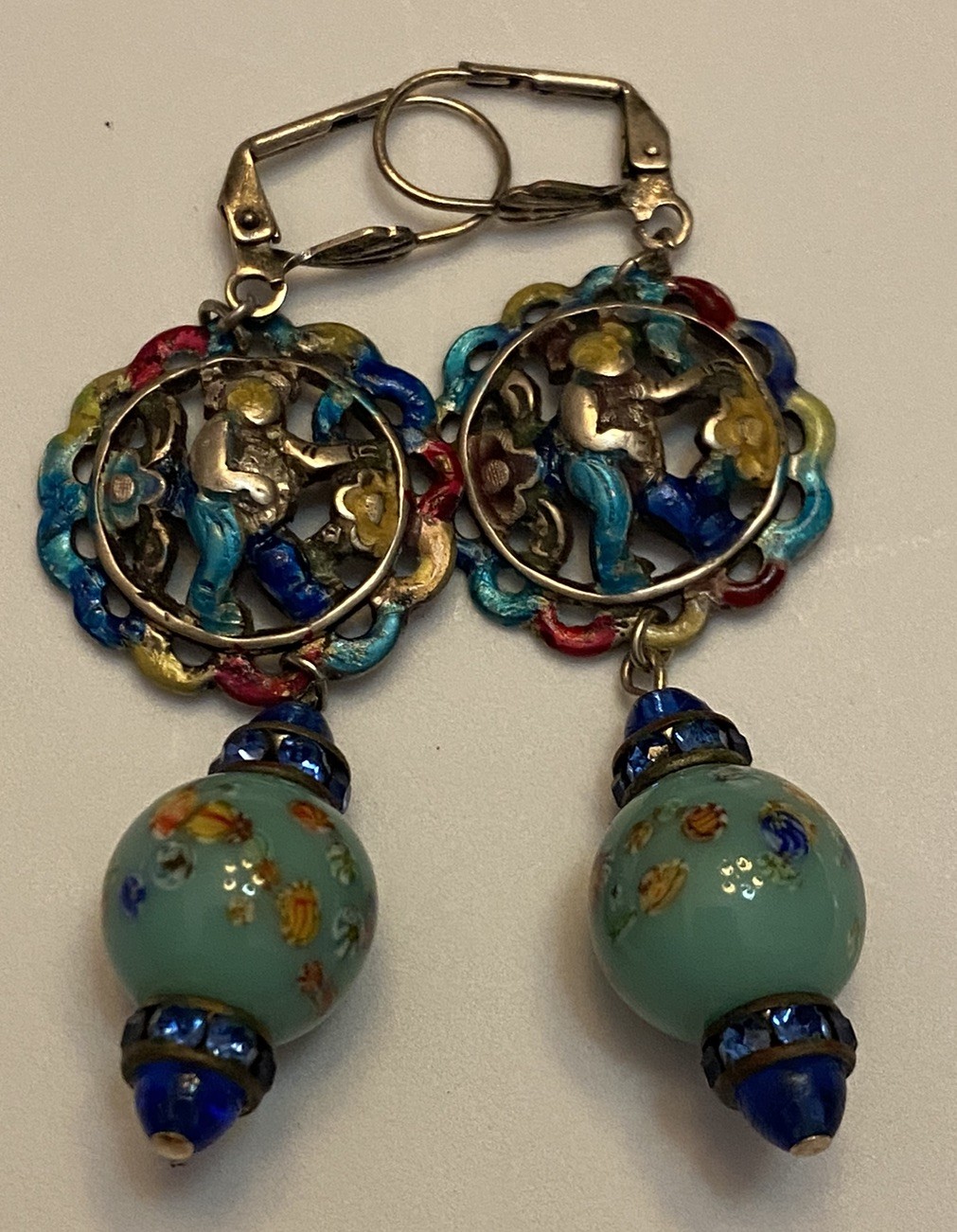 Vintage Asian Themed Colorful Ronde Bosse Enamel Art Glass Rhinestone Earrings