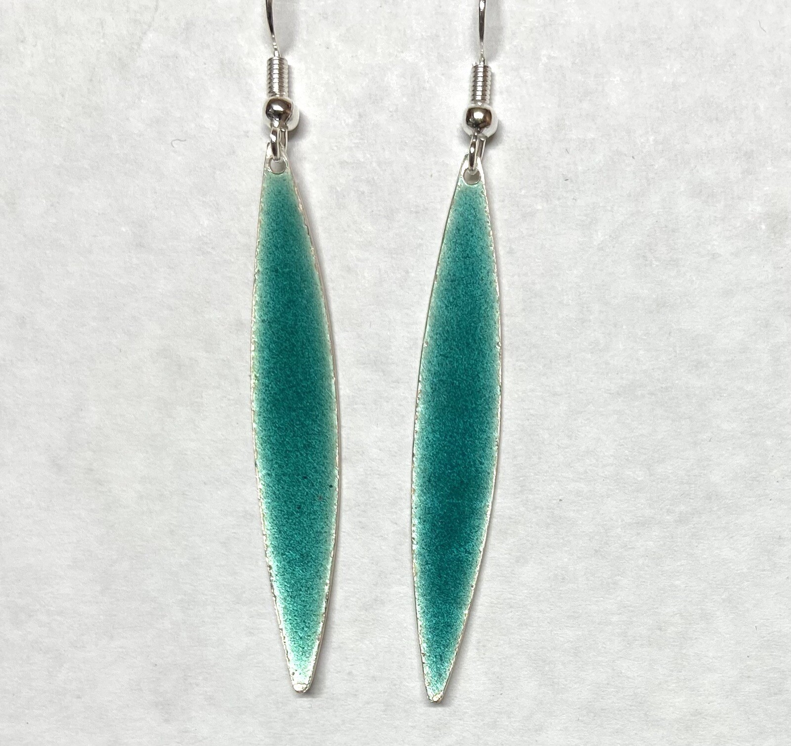 Vintage Green enamel on Silver long Dangle Pierced Earrings- 2″ long