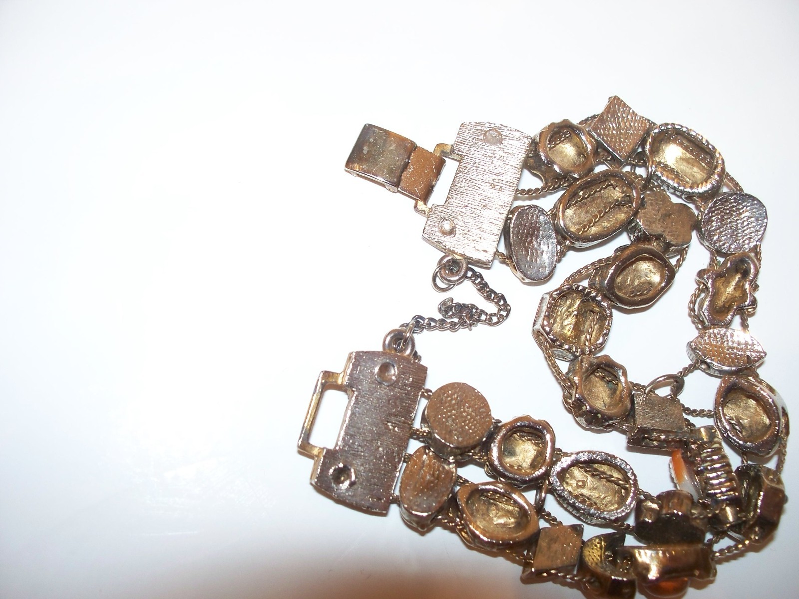 Vintage Faux Jewel Slide Double Row Charm Bracelet Cameo Amethyst Rhinestones