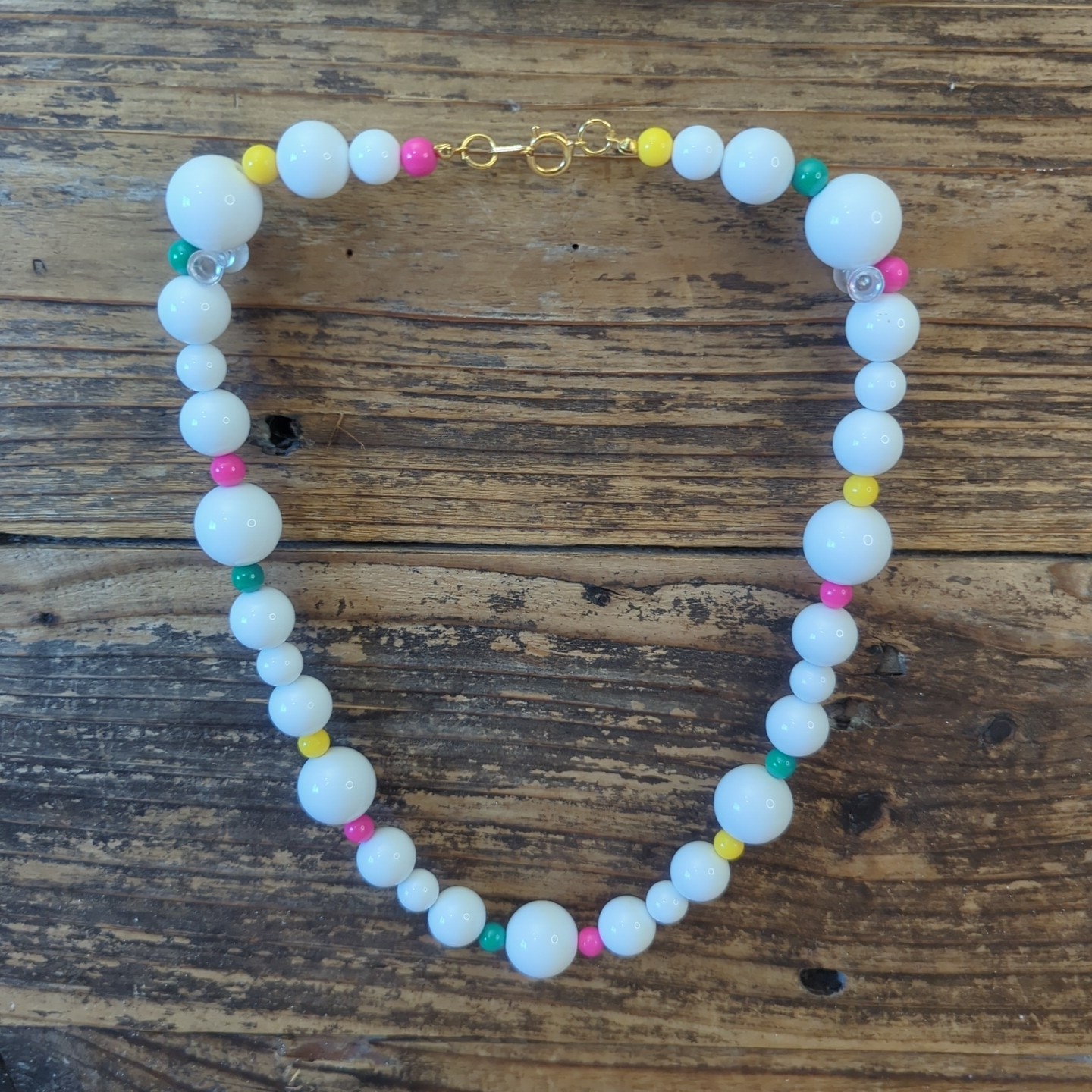 Vintage Chunky White Beaded Statement Necklace Aqua Pink Yellow Retro