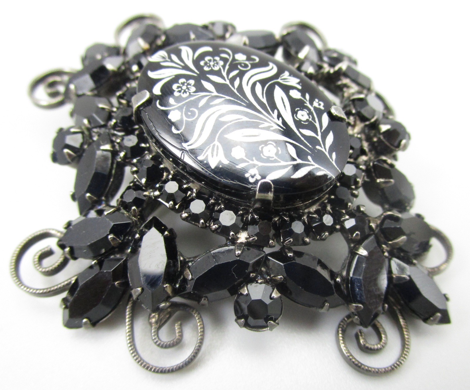 BEAUTIFUL DELIZZA & ELSTER JULIANA JAPANNED JET RHINESTONE ART GLASS BROOCH PIN