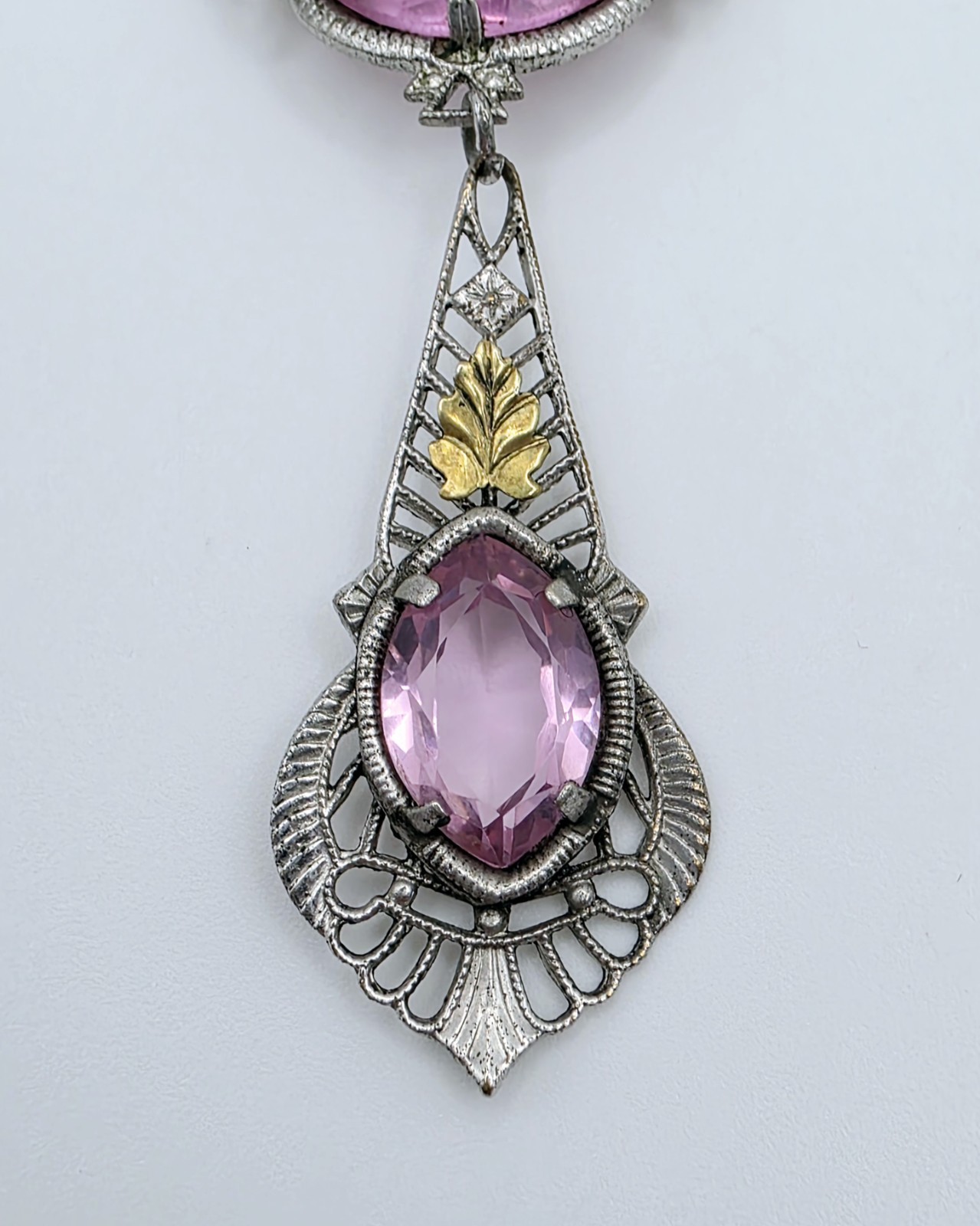 Antique Art Deco Lavalier Pendant Necklace Pink Glass Filigree Edwardian