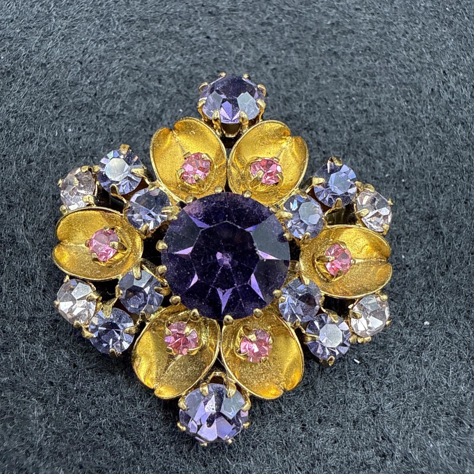 VINTAGE AUSTRIA SIGNED PURPLE AND BLUE RHINESTONE BROOCH
