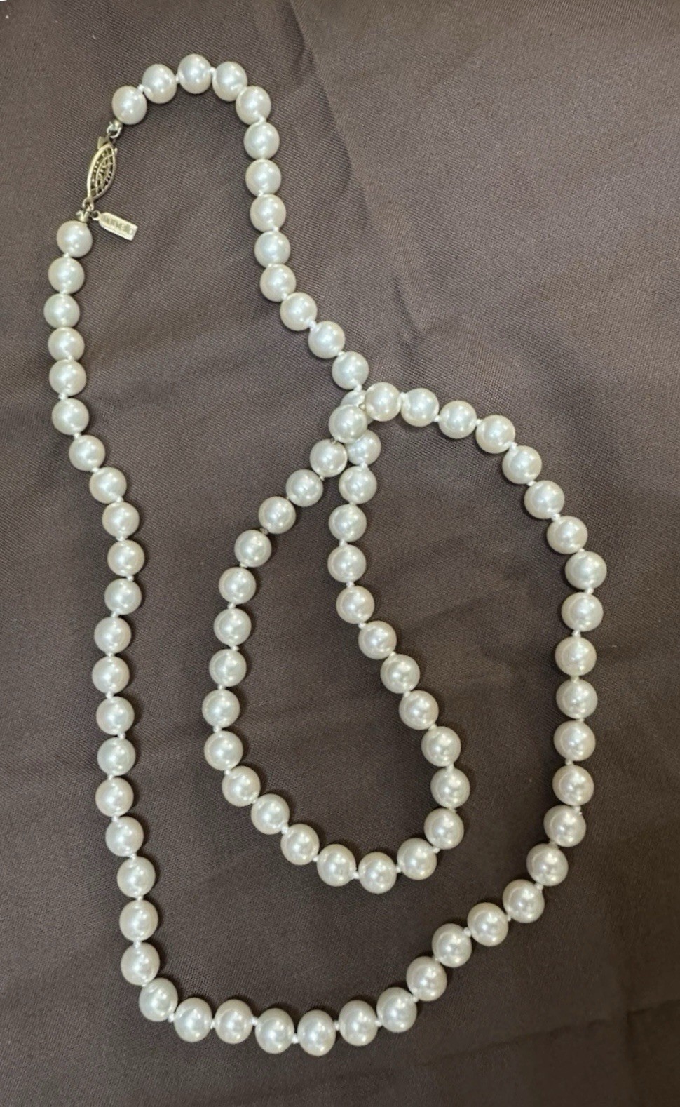 Vintage Marvella Hand Knotted Faux Pearl Necklace, Gold Tone Fish Hook Clasp, 15